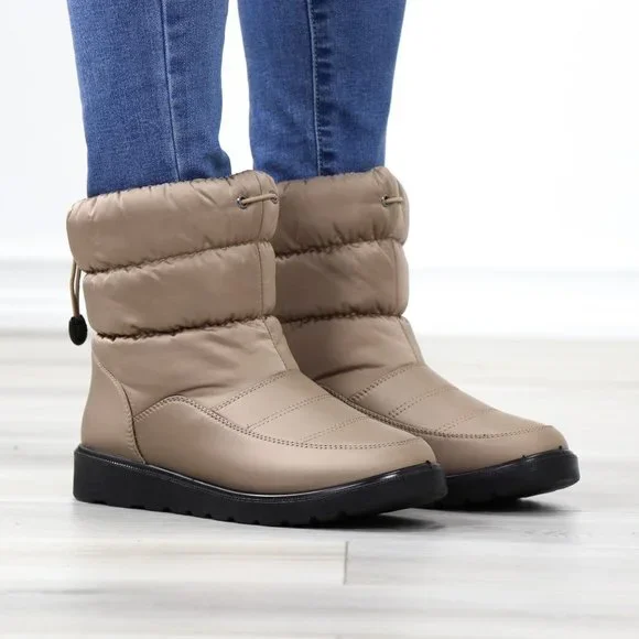 Taupe Rain Ankle Boots Weather Resistant Warm Synthetic Fluff Inside - Picture 2 of 13